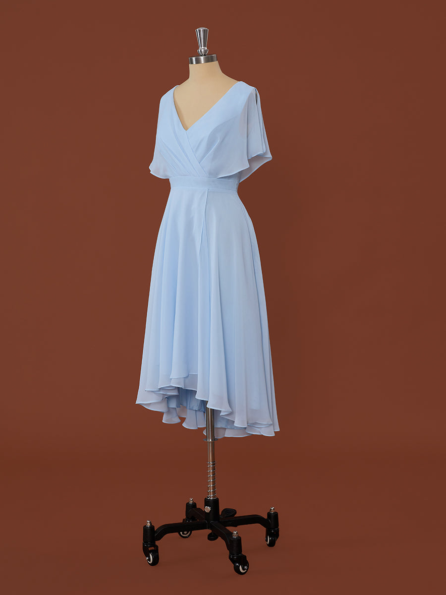 Bridesmaid Dress Burgundy, A-line Short Sleeves Chiffon V-neck Pleated Asymmetrical Dress