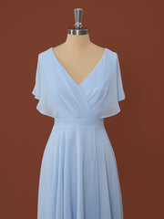 Bridesmaids Dresses Short, A-line Short Sleeves Chiffon V-neck Pleated Asymmetrical Dress
