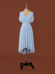 Bridesmaids Dresses Burgundy, A-line Short Sleeves Chiffon V-neck Pleated Asymmetrical Dress