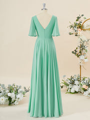 Evenning Dresses Short, A-line Short Sleeves Chiffon V-neck Pleated Floor-Length Bridesmaid Dress