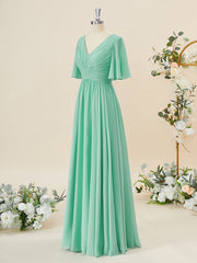 Evening Dresses Ball Gown, A-line Short Sleeves Chiffon V-neck Pleated Floor-Length Bridesmaid Dress