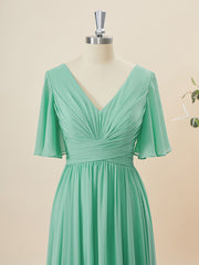 Evening Dresses Vintage, A-line Short Sleeves Chiffon V-neck Pleated Floor-Length Bridesmaid Dress