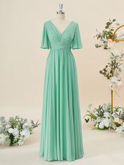 Evening Dresses Lace, A-line Short Sleeves Chiffon V-neck Pleated Floor-Length Bridesmaid Dress