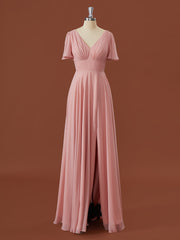 Prom Dress Ideas, A-line Short Sleeves Chiffon V-neck Pleated Floor-Length Bridesmaid Dress