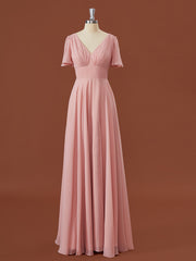 Prom Dress Aesthetic, A-line Short Sleeves Chiffon V-neck Pleated Floor-Length Bridesmaid Dress