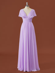 Modest Prom Dress, A-line Short Sleeves Chiffon V-neck Pleated Floor-Length Bridesmaid Dress