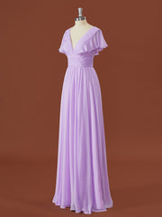 Off Shoulder Dress, A-line Short Sleeves Chiffon V-neck Pleated Floor-Length Bridesmaid Dress