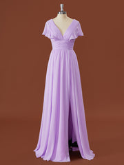 Design Dress Casual, A-line Short Sleeves Chiffon V-neck Pleated Floor-Length Bridesmaid Dress