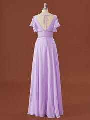 Corset Prom Dress, A-line Short Sleeves Chiffon V-neck Pleated Floor-Length Bridesmaid Dress