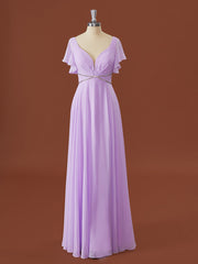Party Outfit Night, A-line Short Sleeves Chiffon V-neck Pleated Floor-Length Bridesmaid Dress