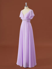 Formal Attire, A-line Short Sleeves Chiffon V-neck Pleated Floor-Length Bridesmaid Dress