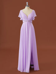 Party Dress High Neck, A-line Short Sleeves Chiffon V-neck Pleated Floor-Length Bridesmaid Dress