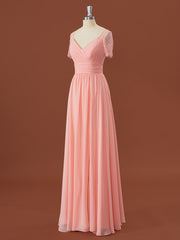 Party Dress Code Idea, A-line Short Sleeves Chiffon V-neck Pleated Floor-Length Bridesmaid Dress