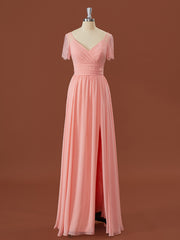 Classy Outfit, A-line Short Sleeves Chiffon V-neck Pleated Floor-Length Bridesmaid Dress