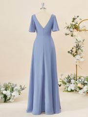 Party Dress Express Photos, A-line Short Sleeves Chiffon V-neck Pleated Floor-Length Bridesmaid Dress