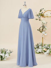 Party Dresses Purple, A-line Short Sleeves Chiffon V-neck Pleated Floor-Length Bridesmaid Dress