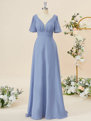 Party Dress With Glitter, A-line Short Sleeves Chiffon V-neck Pleated Floor-Length Bridesmaid Dress