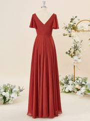 Party Dresses For Christmas, A-line Short Sleeves Chiffon V-neck Pleated Floor-Length Bridesmaid Dress