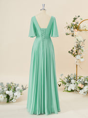 Party Dresses Pink, A-line Short Sleeves Chiffon V-neck Pleated Floor-Length Bridesmaid Dress