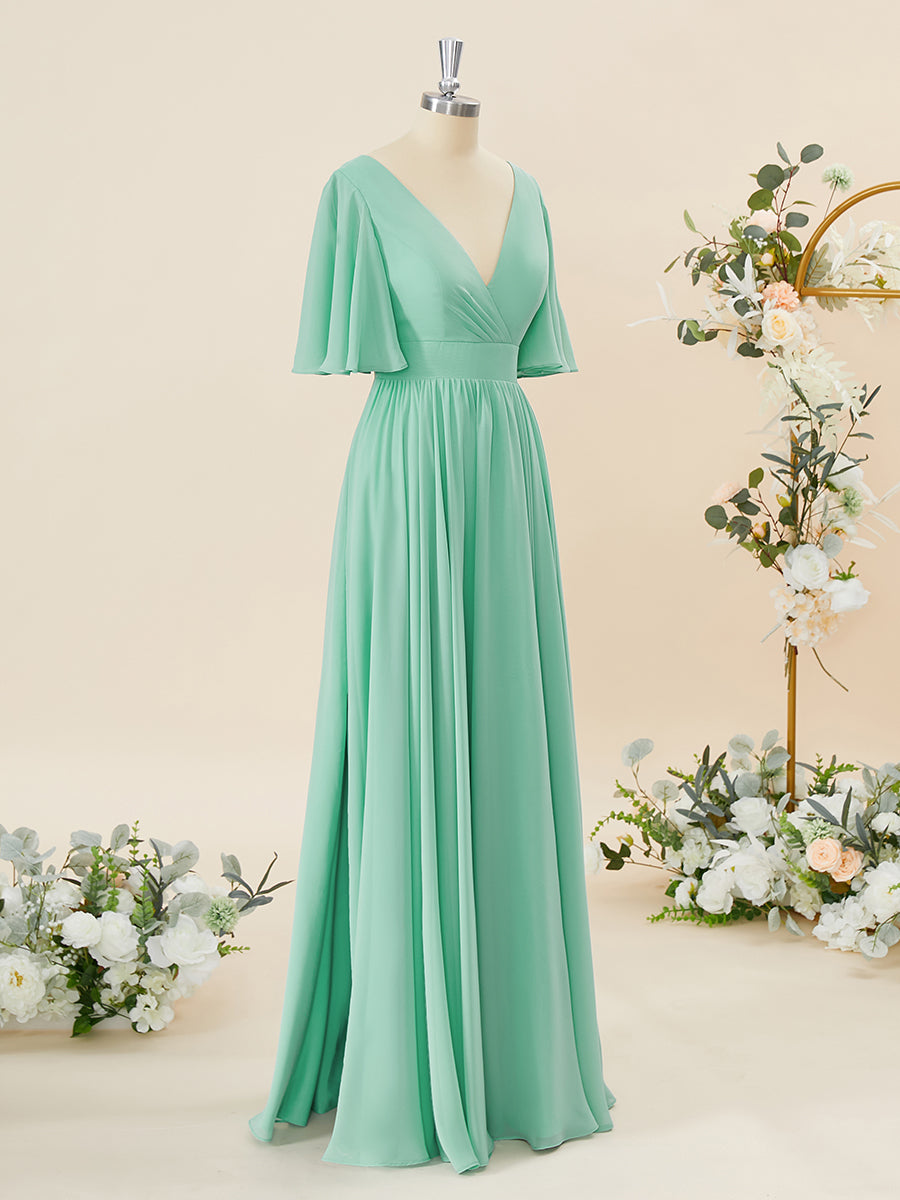 Party Dress Satin, A-line Short Sleeves Chiffon V-neck Pleated Floor-Length Bridesmaid Dress