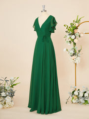 Bridesmaid Dresses Photos Gallery, A-line Short Sleeves Chiffon V-neck Ruffles Floor-Length Dress