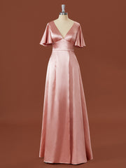 Party Dress Set, A-line Short Sleeves Elastic Woven Satin V-neck Floor-Length Bridesmaid Dress