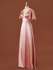 Party Dress Meaning, A-line Short Sleeves Elastic Woven Satin V-neck Floor-Length Bridesmaid Dress
