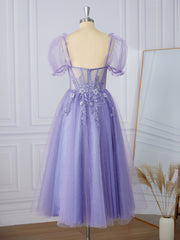 Prom Dresses Laced, A-line Short Sleeves Lace Sweetheart Appliques Lace Corset Tea-Length Dress
