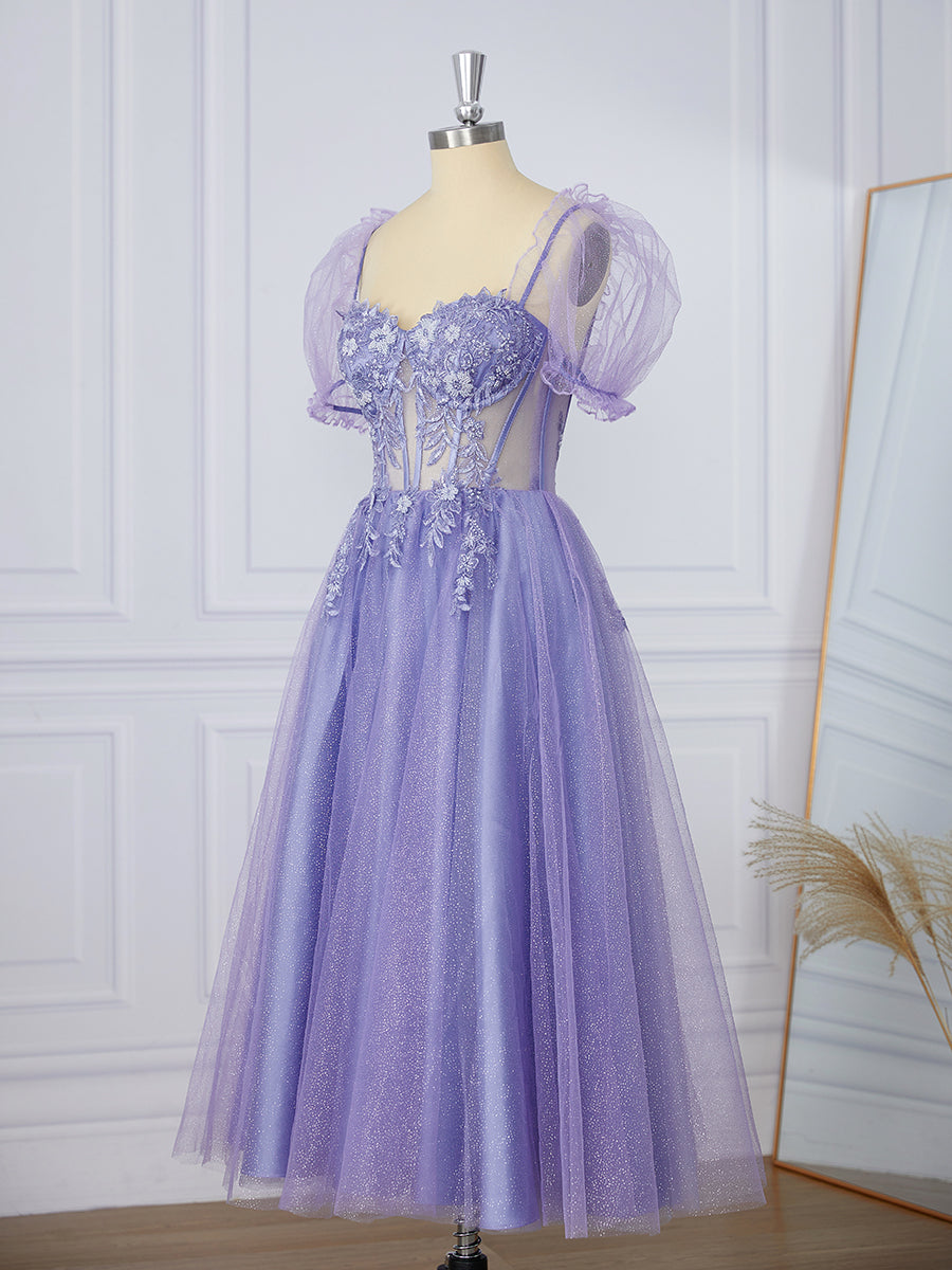 Prom Dresses Laces, A-line Short Sleeves Lace Sweetheart Appliques Lace Corset Tea-Length Dress