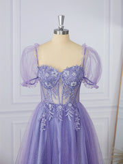 Prom Dress Lace, A-line Short Sleeves Lace Sweetheart Appliques Lace Corset Tea-Length Dress