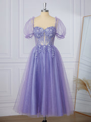 Prom Dresses Ball Gowns, A-line Short Sleeves Lace Sweetheart Appliques Lace Corset Tea-Length Dress