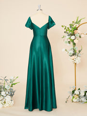 Elegant Prom Dress, A-line Short Sleeves Silk Like Satin Sweetheart Pleated Floor-Length Dress