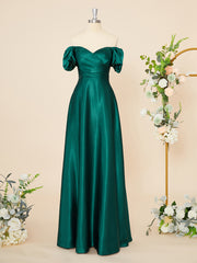 Prom Dress Long, A-line Short Sleeves Silk Like Satin Sweetheart Pleated Floor-Length Dress