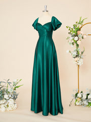 Wedding Shoes Bride, A-line Short Sleeves Silk Like Satin Sweetheart Pleated Floor-Length Dress