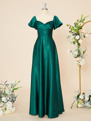 Unique Wedding Dress, A-line Short Sleeves Silk Like Satin Sweetheart Pleated Floor-Length Dress