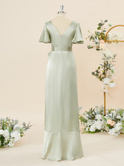 Formal Dresses With Sleeves, A-line Short Sleeves Silk Like Satin V-neck Ruffles Asymmetrical Bridesmaid Dress