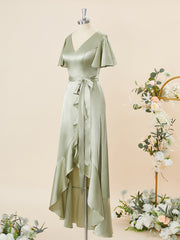 Formal Dress Summer, A-line Short Sleeves Silk Like Satin V-neck Ruffles Asymmetrical Bridesmaid Dress