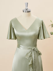 Formal Dresses Summer, A-line Short Sleeves Silk Like Satin V-neck Ruffles Asymmetrical Bridesmaid Dress