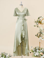 Formal Dresses Style, A-line Short Sleeves Silk Like Satin V-neck Ruffles Asymmetrical Bridesmaid Dress