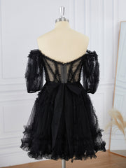Prom Dresses Simple, A-line Short Sleeves Tulle Off-the-Shoulder Ruffles Corset Short/Mini Dress