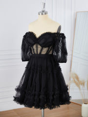 Prom Dress Simple, A-line Short Sleeves Tulle Off-the-Shoulder Ruffles Corset Short/Mini Dress