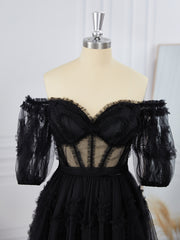 Prom Dress With Slits, A-line Short Sleeves Tulle Off-the-Shoulder Ruffles Corset Short/Mini Dress