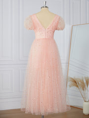 Prom Dress Long Ball Gown, A-line Short Sleeves Tulle V-neck Pleated Tea-Length Dress