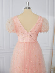 Prom Dresses 2033 Cheap, A-line Short Sleeves Tulle V-neck Pleated Tea-Length Dress
