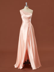 White Dress Outfit, A-line Silk Like Satin One-Shoulder Pleated Floor-Length Bridesmaid Dress