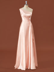 Party Dresses With Boots, A-line Silk Like Satin One-Shoulder Pleated Floor-Length Bridesmaid Dress