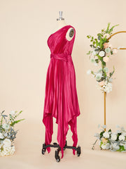 Bridesmaid Dresses Gold, A-line Silk Like Satin One-Shoulder Pleated Tea-Length Dress
