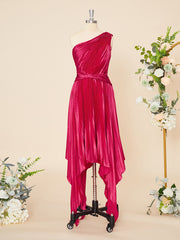 Bridesmaid Dress Orange, A-line Silk Like Satin One-Shoulder Pleated Tea-Length Dress