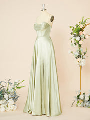 Party Dresses Formal, A-line Silk Like Satin Spaghetti Straps Pleated Floor-Length Corset Dress