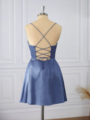 Prom Dressed Long, A-line Silk Like Satin Spaghetti Straps Pleated Short/Mini Dress